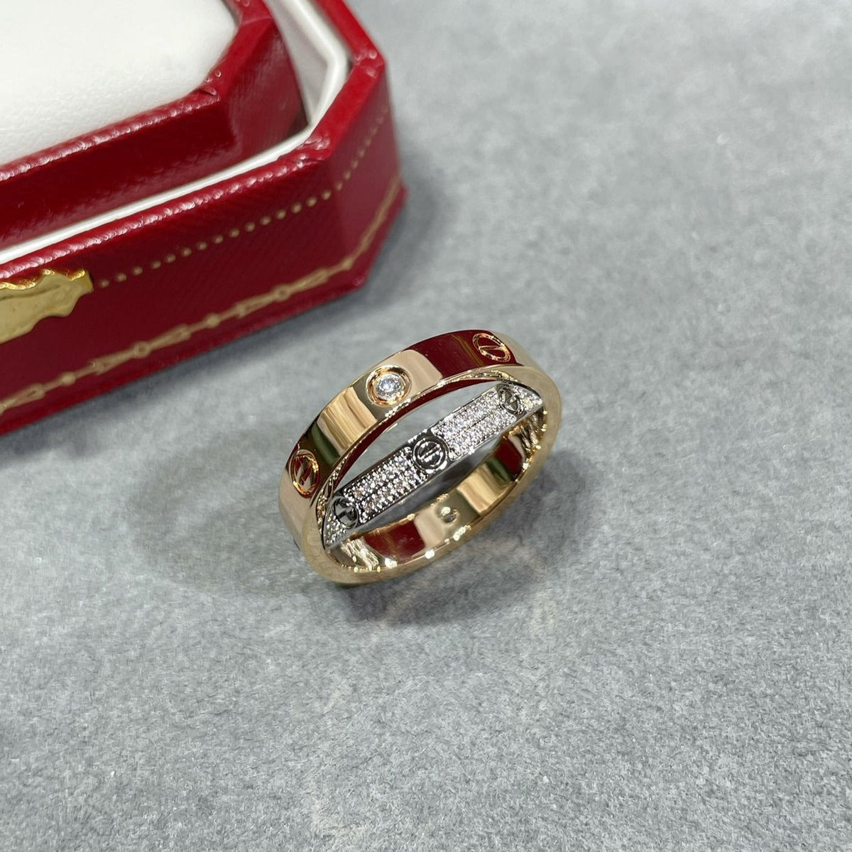 [⭐Spark]LOVE PINK GOLD SILVER DIAMOND DOUBLE RING