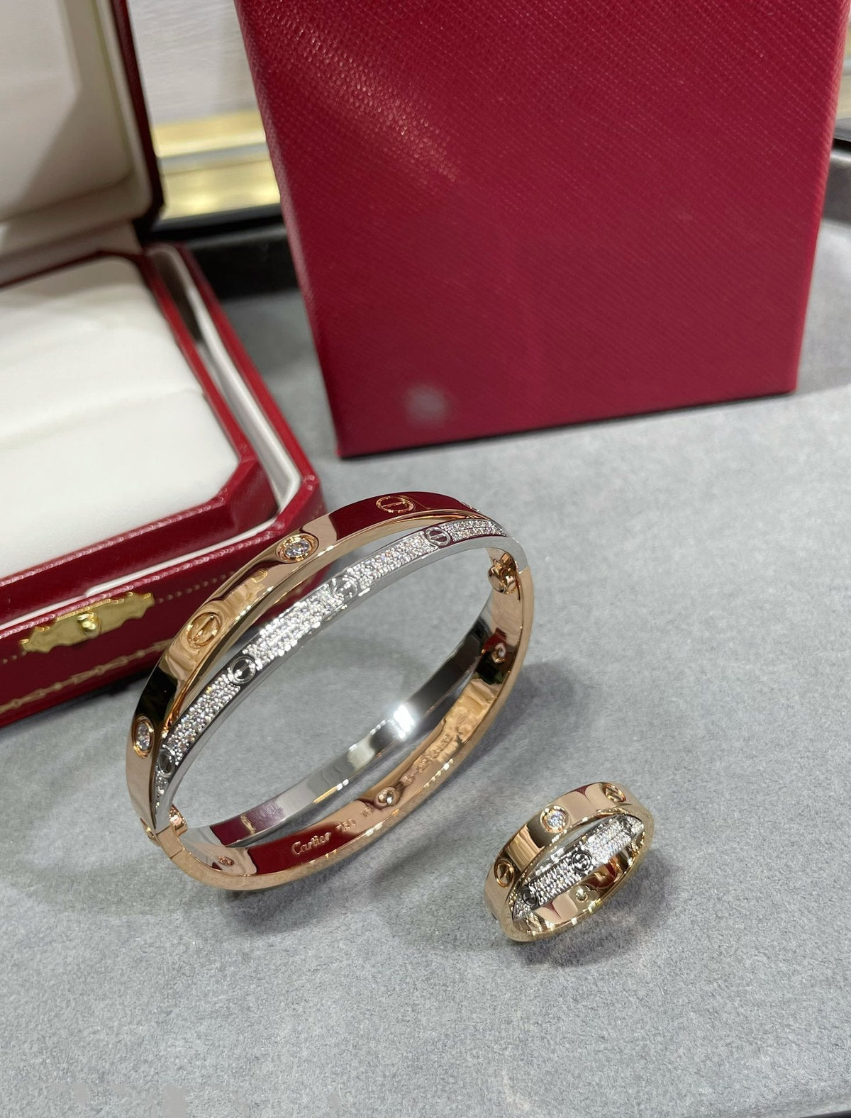 [⭐Spark]LOVE PINK GOLD SILVER DIAMOND DOUBLE RING