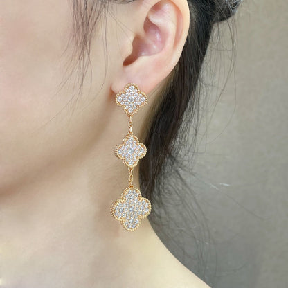 [⭐Spark]CLOVER 3 MOTIFS DIAMOND PAVED ROSE GOLD EARRINGS