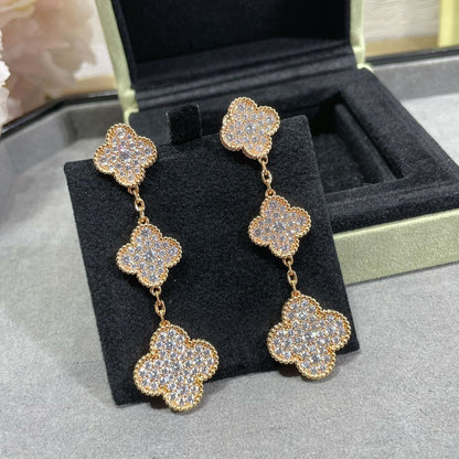 [⭐Spark]CLOVER 3 MOTIFS DIAMOND PAVED ROSE GOLD EARRINGS