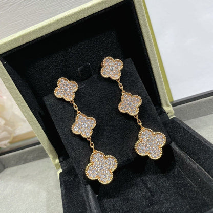 [⭐Spark]CLOVER 3 MOTIFS DIAMOND PAVED ROSE GOLD EARRINGS