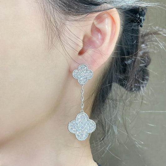 [⭐Spark]CLOVER 2 MOTIFS DIAMOND PAVED SILVER EARRINGS