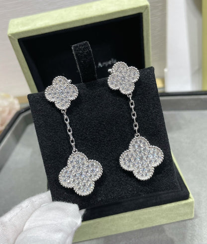 [⭐Spark]CLOVER 2 MOTIFS DIAMOND PAVED SILVER EARRINGS