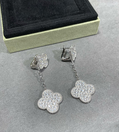 [⭐Spark]CLOVER 2 MOTIFS DIAMOND PAVED SILVER EARRINGS