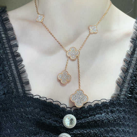 [⭐Spark]CLOVER 6 MOTIF DIAMOND PAVED NECKLACE