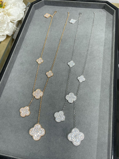 [⭐Spark]CLOVER 6 MOTIF DIAMOND PAVED NECKLACE