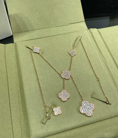[⭐Spark]CLOVER 6 MOTIF DIAMOND PAVED NECKLACE