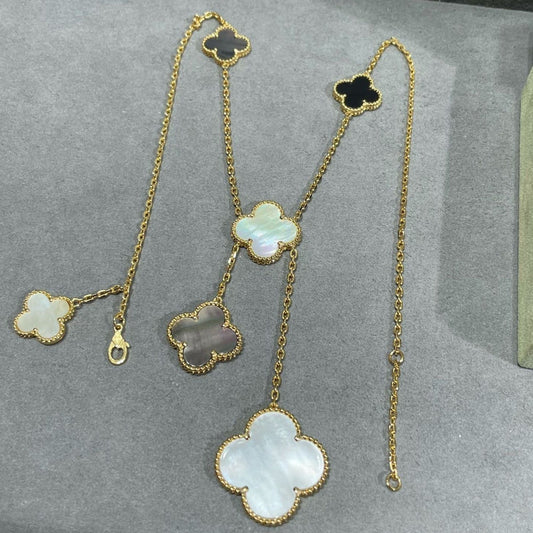 [⭐Spark]CLOVER 6 MOTIF MOP ONYX GOLD NECKLACE