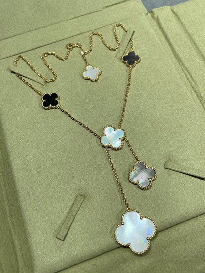[⭐Spark]CLOVER 6 MOTIF MOP ONYX GOLD NECKLACE