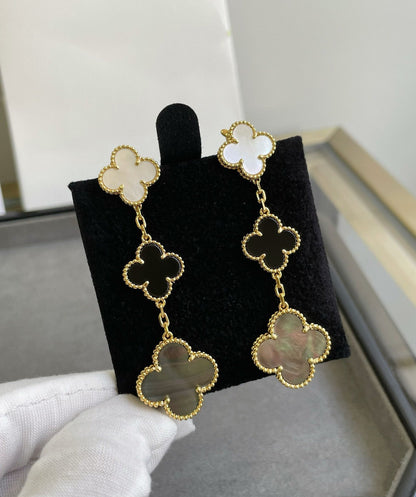 [⭐Spark]CLOVER 3 MOTIF MOP ONYX DARK MOP PINK GOLD EARRINGS