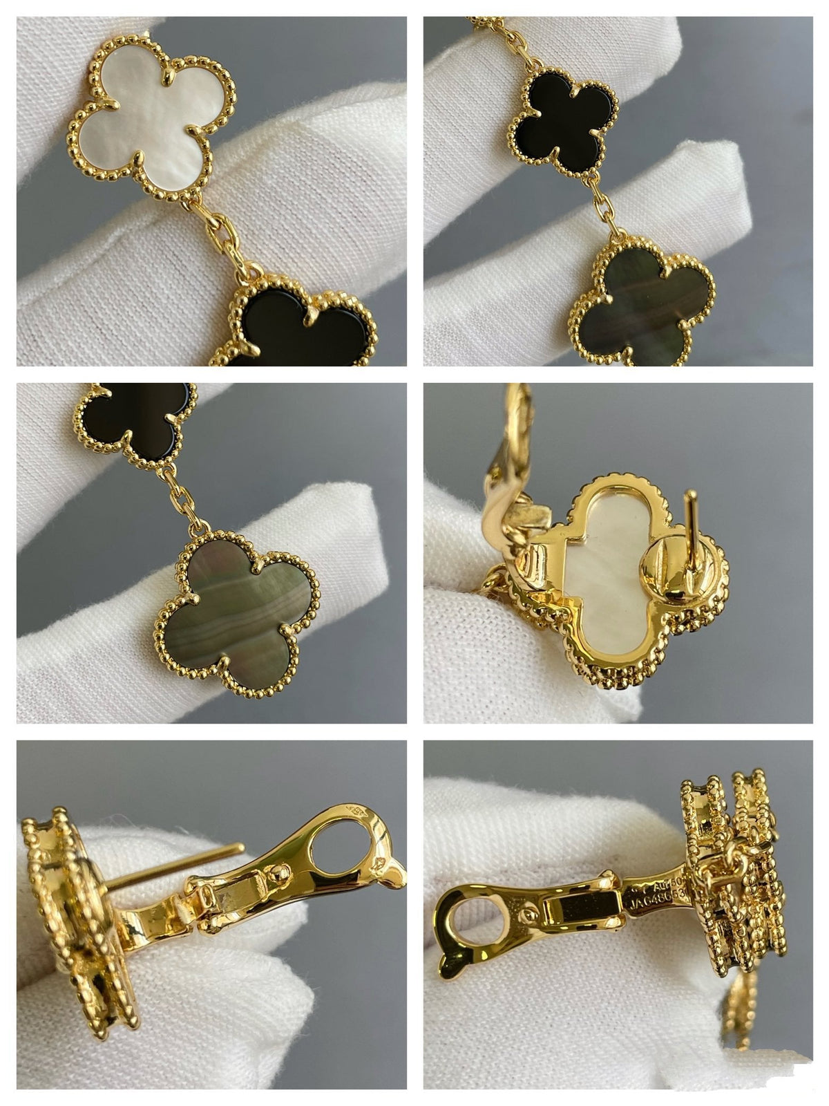 [⭐Spark]CLOVER 3 MOTIF MOP ONYX DARK MOP PINK GOLD EARRINGS