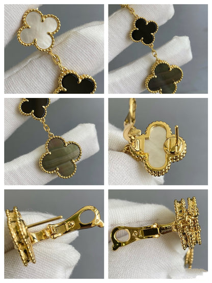 [⭐Spark]CLOVER 3 MOTIF MOP ONYX DARK MOP PINK GOLD EARRINGS
