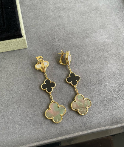 [⭐Spark]CLOVER 3 MOTIF MOP ONYX DARK MOP PINK GOLD EARRINGS