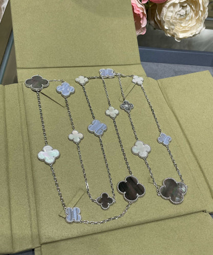 [⭐Spark]CLOVER 16 MOTIF CHALCEDONY MOP SILVER NECKLACE