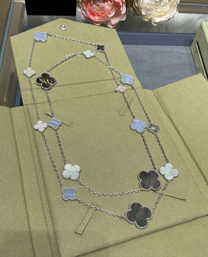 [⭐Spark]CLOVER 16 MOTIF CHALCEDONY MOP SILVER NECKLACE