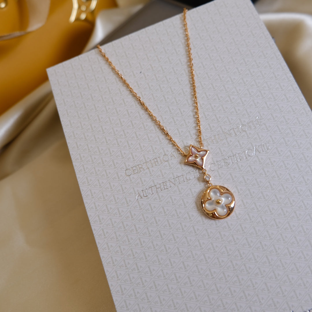 [⭐Spark]STAR AND SUN WHITE MOP 2 MOTIF PINK GOLD NECKLACE