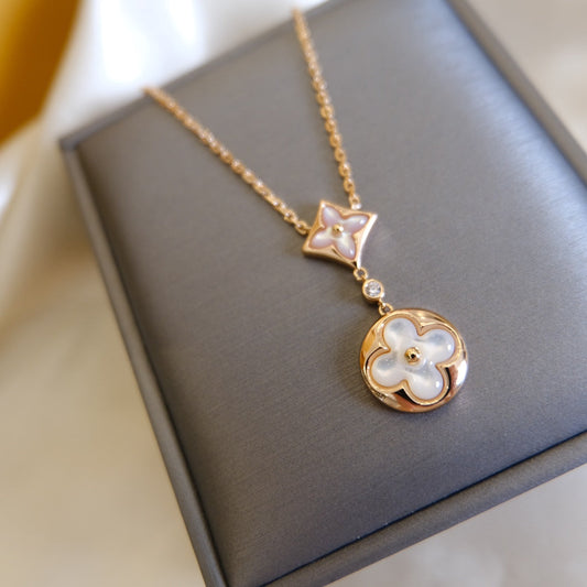 [⭐Spark]STAR AND SUN WHITE MOP 2 MOTIF PINK GOLD NECKLACE