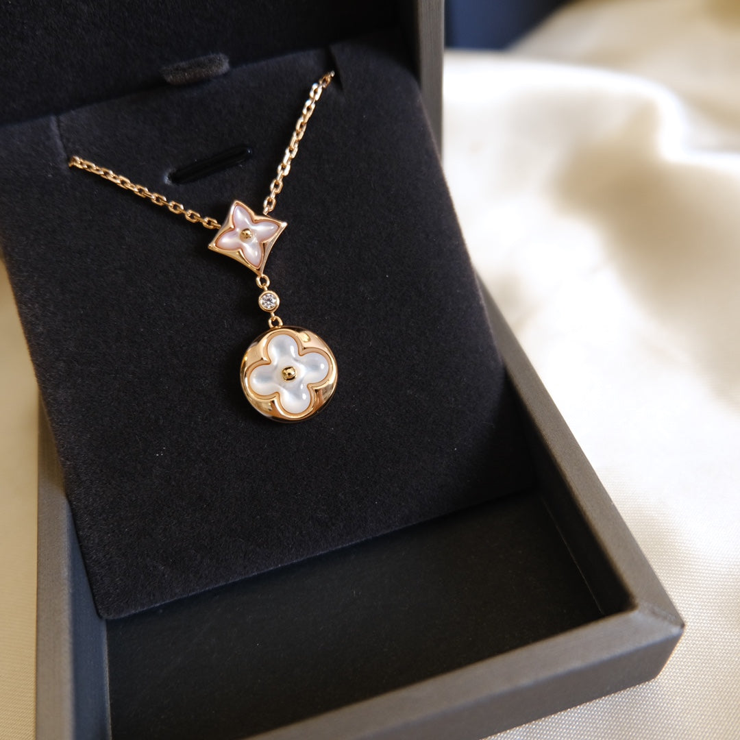 [⭐Spark]STAR AND SUN WHITE MOP 2 MOTIF PINK GOLD NECKLACE