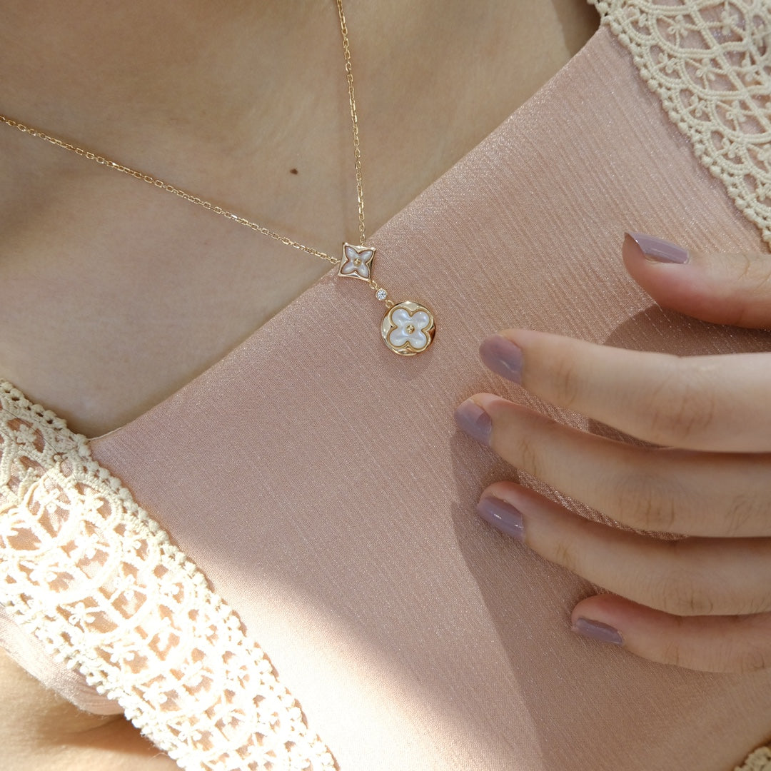 [⭐Spark]STAR AND SUN WHITE MOP 2 MOTIF PINK GOLD NECKLACE
