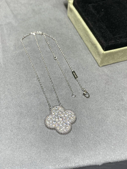 [⭐Spark]CLOVER 25MM LARGE PENDANT DIAMOND PAVED SILVER NECKLACE