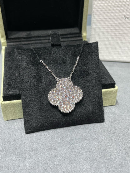 [⭐Spark]CLOVER 25MM LARGE PENDANT DIAMOND PAVED SILVER NECKLACE