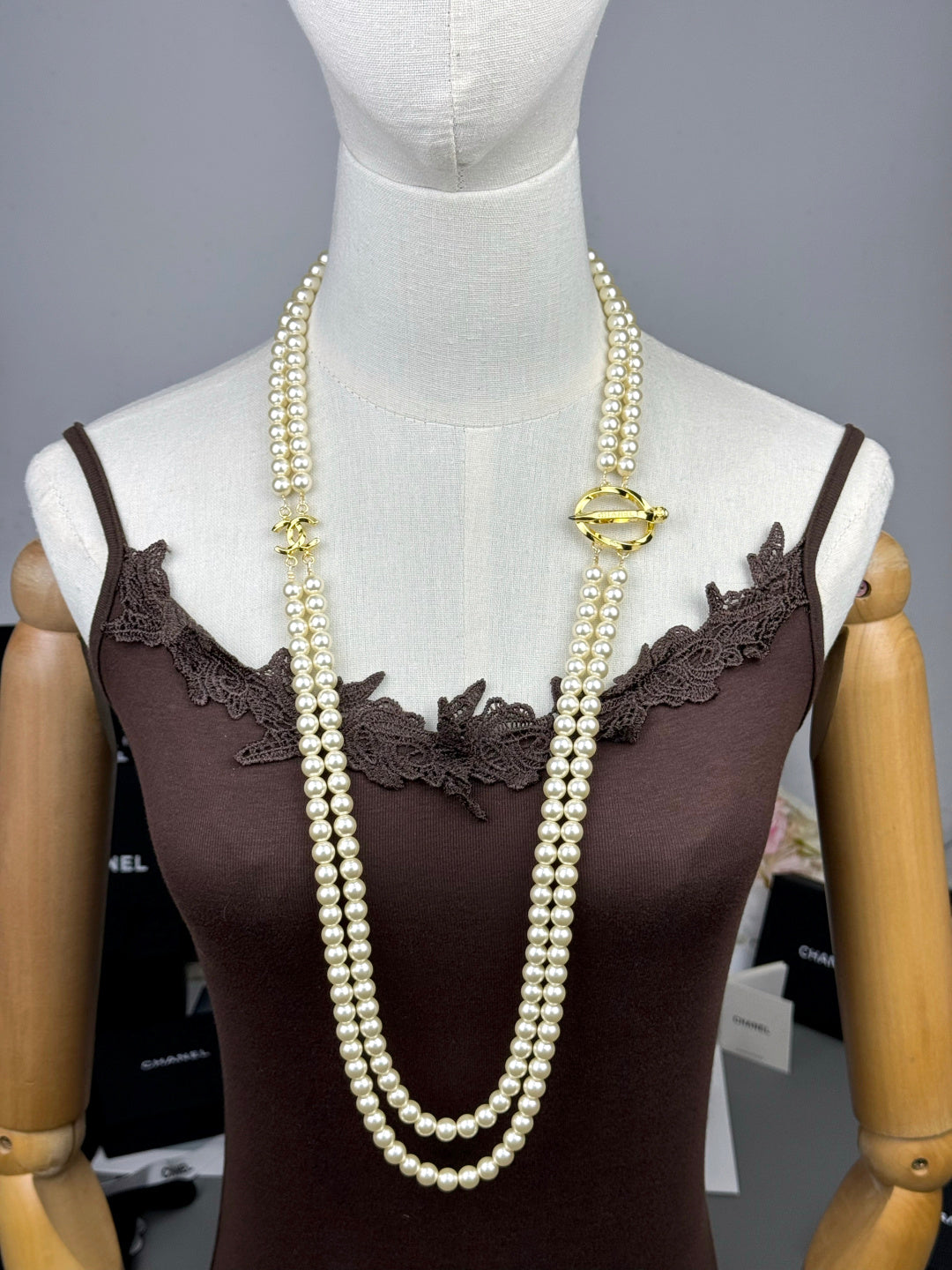 [⭐Spark]25K Pencil Double C Double-Layer Pearl Sweater Chain
