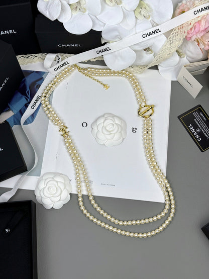 [⭐Spark]25K Pencil Double C Double-Layer Pearl Sweater Chain