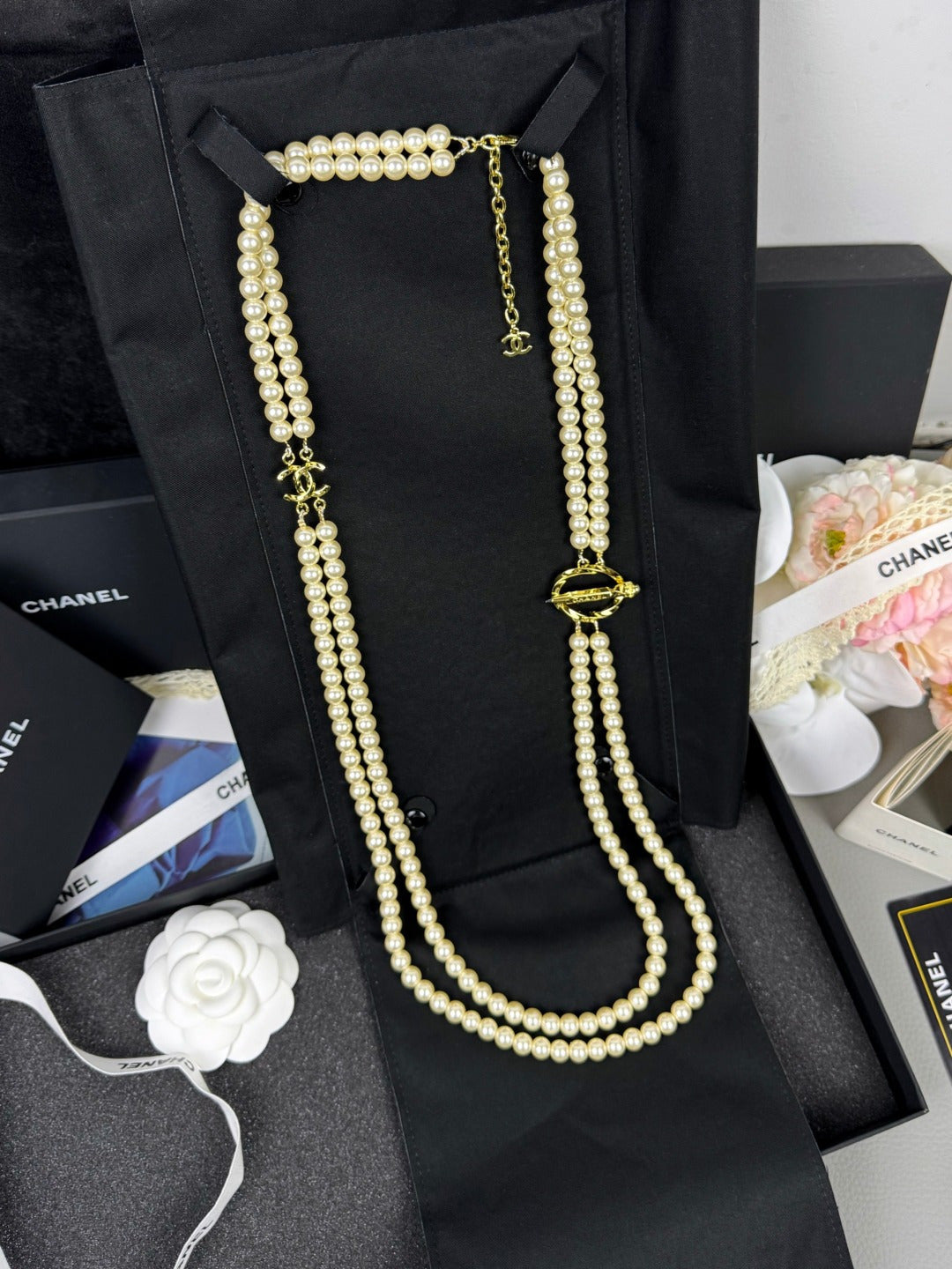 [⭐Spark]25K Pencil Double C Double-Layer Pearl Sweater Chain
