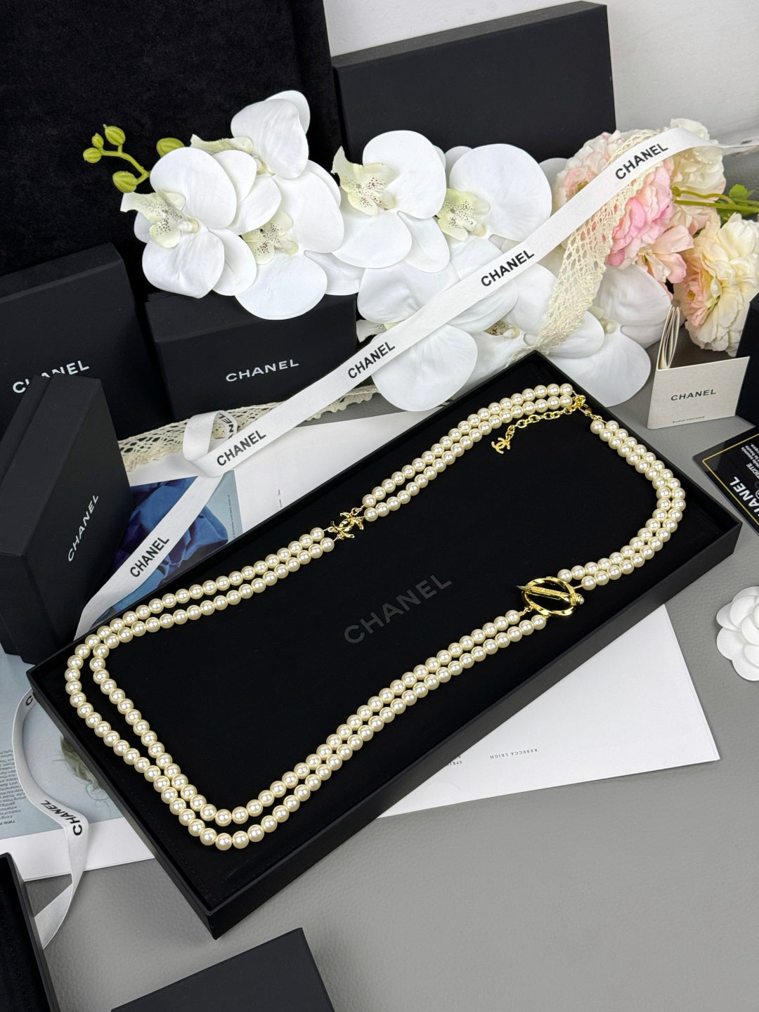 [⭐Spark]25K Pencil Double C Double-Layer Pearl Sweater Chain