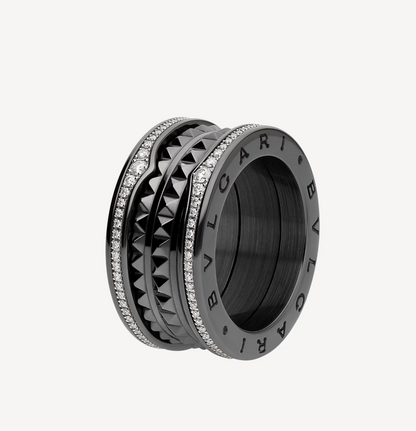 [⭐Spark]ZERO 1 ROCK FOUR-BAND BLACK CERAMIC WITH STUDDED SPIRAL AND PAVED DIAMONDS RING