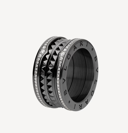 [⭐Spark]ZERO 1 ROCK FOUR-BAND BLACK CERAMIC WITH STUDDED SPIRAL AND PAVED DIAMONDS RING