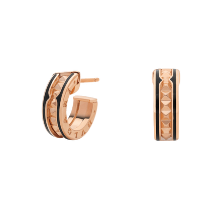 [⭐Spark]ZERO 1 ROCK PINK GOLD EARRINGS WITH STUDDED SPIRAL AND BLACK CERAMIC