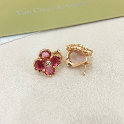 [⭐Spark]2026 NEW  CLOVER 1 MOTIFPINK ENAMEL STUD EARRINGS WITH DIAMONDS2