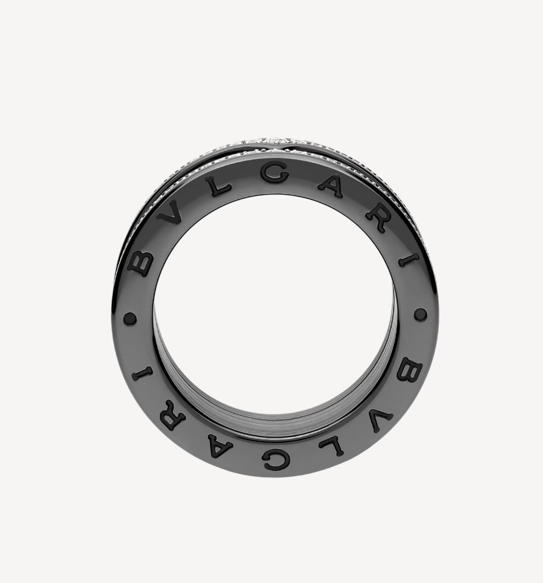 [⭐Spark]ZERO 1 ROCK FOUR-BAND BLACK CERAMIC WITH STUDDED SPIRAL AND PAVED DIAMONDS RING