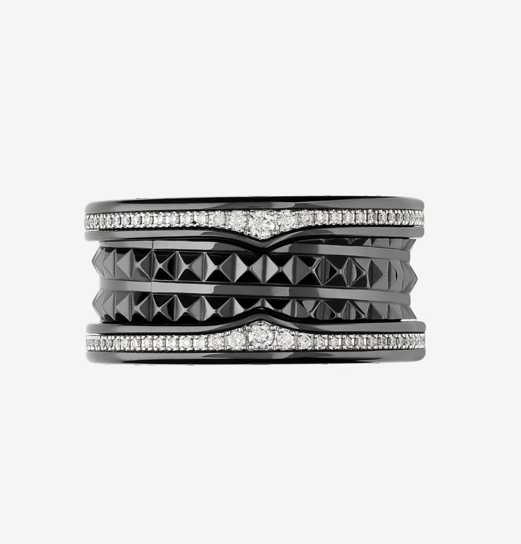 [⭐Spark]ZERO 1 ROCK FOUR-BAND BLACK CERAMIC WITH STUDDED SPIRAL AND PAVED DIAMONDS RING