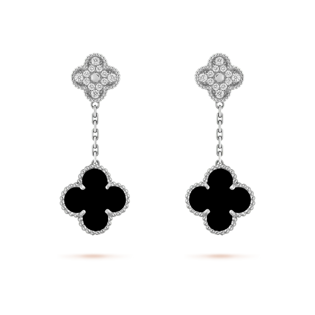 [⭐Spark]CLOVER 2 MOTIFS  DIAMOND ONYX EARRINGS SILVER