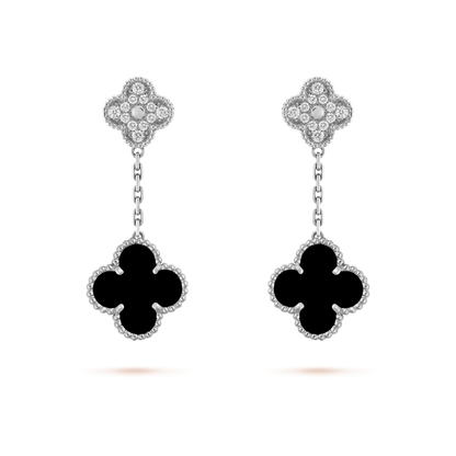 [⭐Spark]CLOVER 2 MOTIFS  DIAMOND ONYX EARRINGS SILVER