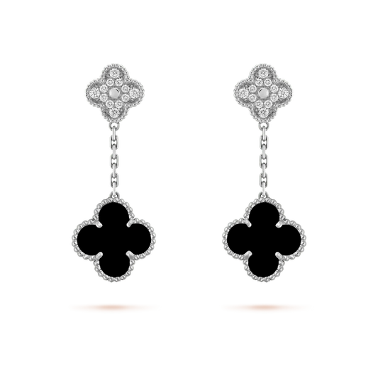 [⭐Spark]CLOVER 2 MOTIFS  DIAMOND ONYX EARRINGS SILVER