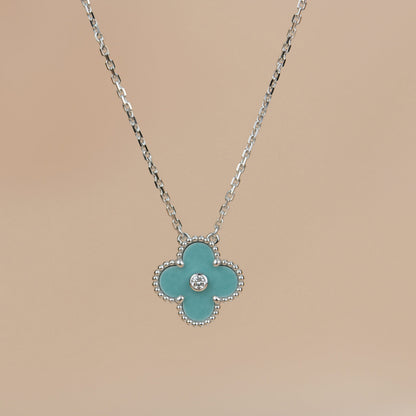 [⭐Spark]CLOVER 15MM DIAMOND SVRES PORCELAIN  NECKLACE SILVER