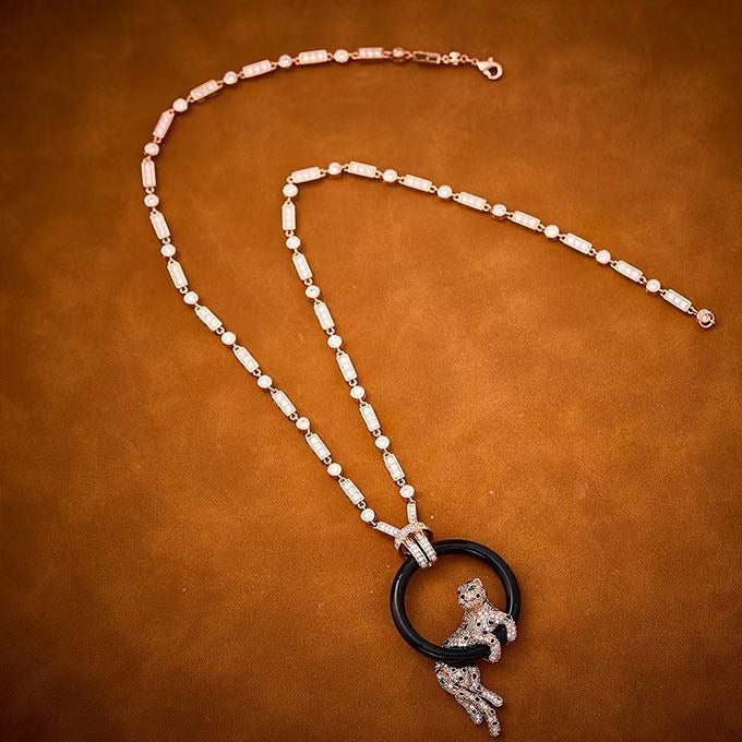 [⭐Spark jewelrys]NEW BLACK CIRCLE PANTHER FULL DIAMOND NECKLACE