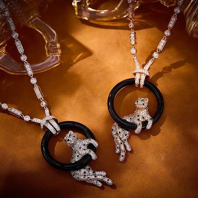 [⭐Spark jewelrys]NEW BLACK CIRCLE PANTHER FULL DIAMOND NECKLACE