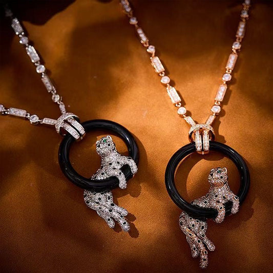 [⭐Spark jewelrys]NEW BLACK CIRCLE PANTHER FULL DIAMOND NECKLACE