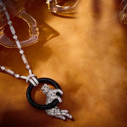 [⭐Spark jewelrys]NEW BLACK CIRCLE PANTHER FULL DIAMOND NECKLACE