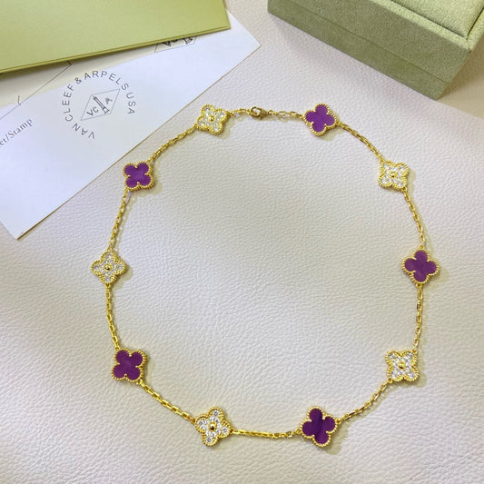 [⭐Spark Jewelry]CLOVER 10 MOTIFS  PURPLE VIOLET DIAMOND NECKLACE
