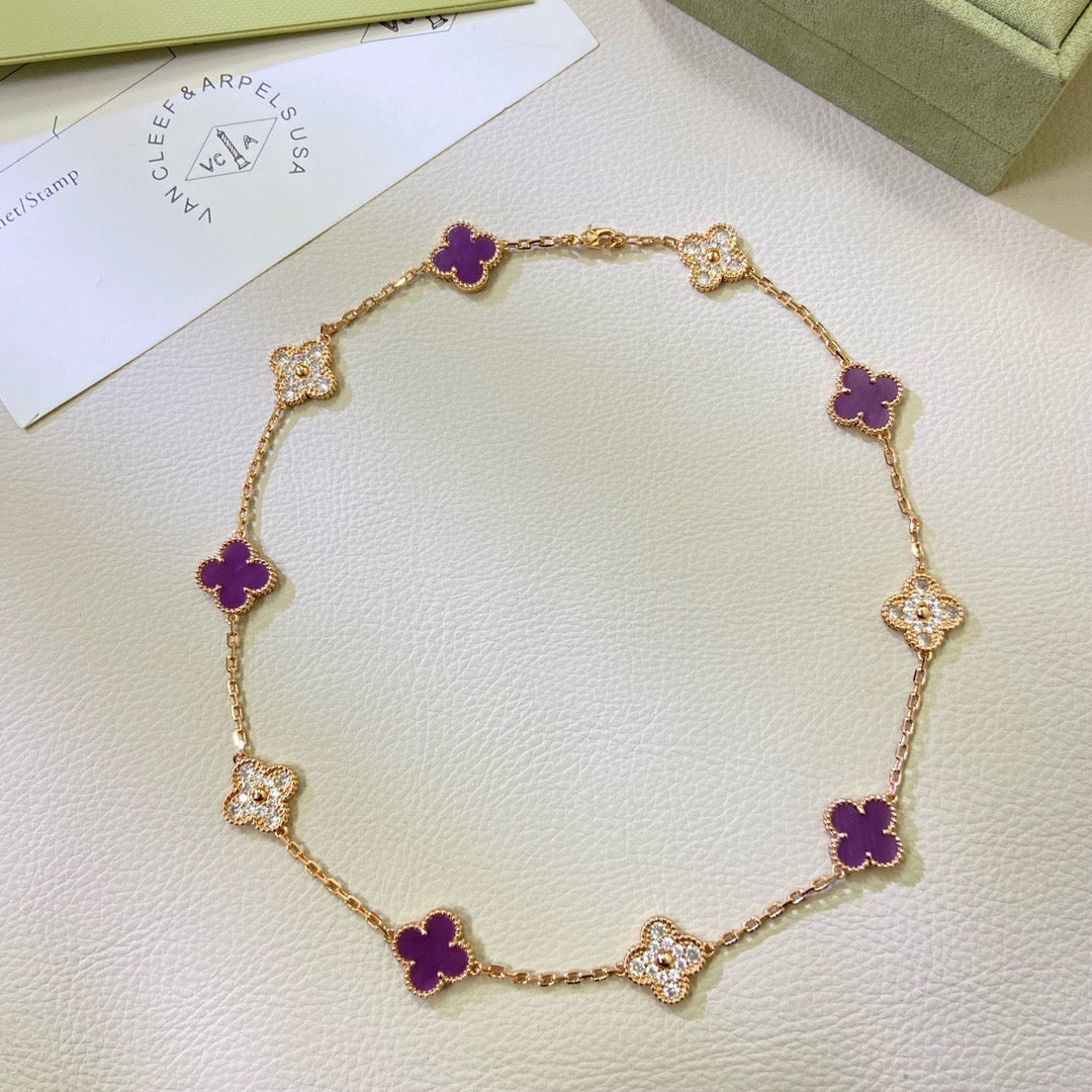 [⭐Spark Jewelry]CLOVER 10 MOTIFS  PURPLE VIOLET DIAMOND NECKLACE