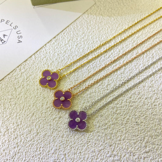 [⭐Spark Jewelry]CLOVER 15MM DIAMOND  PURPLE VIOLET NECKLACE