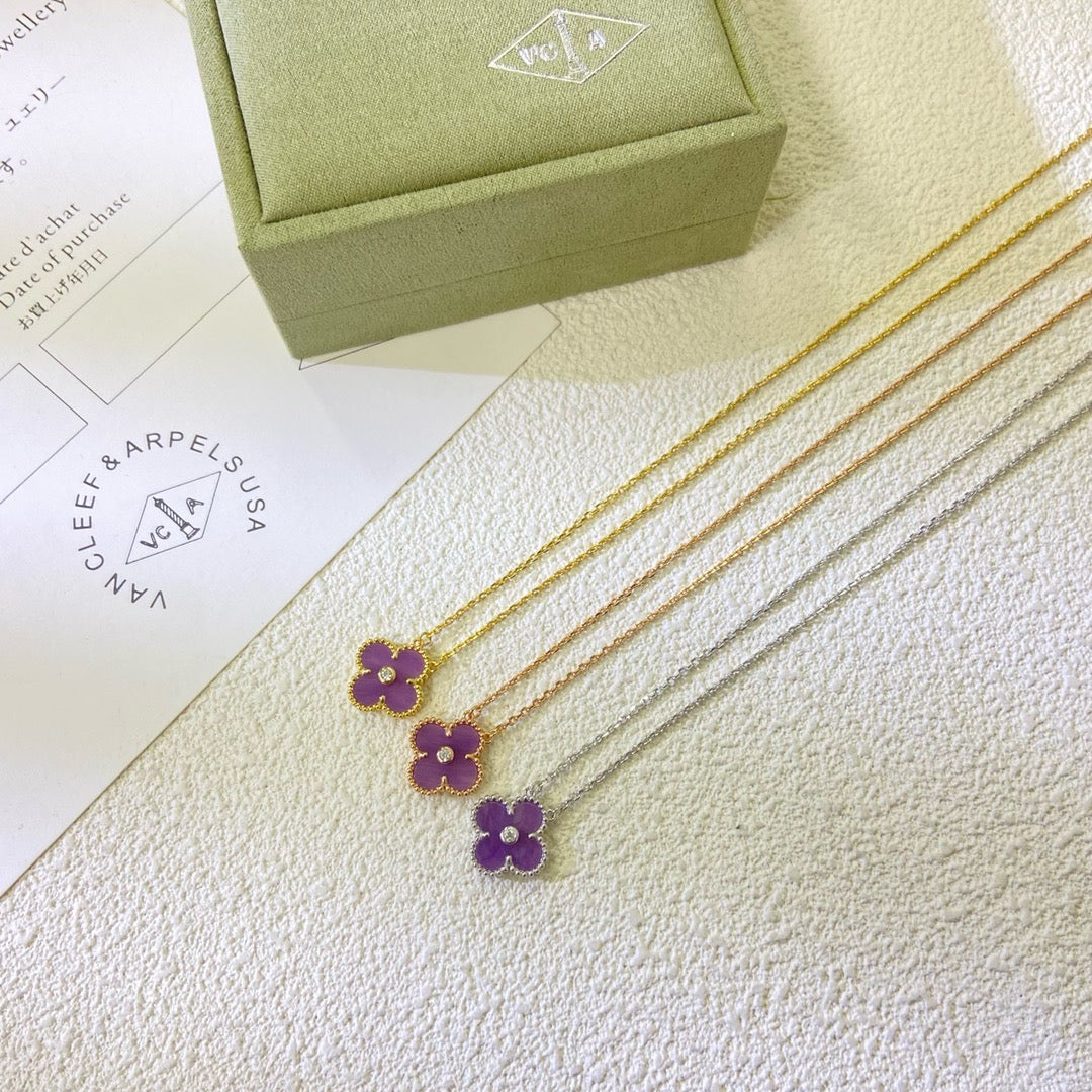 [⭐Spark Jewelry]CLOVER 15MM DIAMOND  PURPLE VIOLET NECKLACE