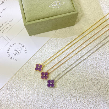 [⭐Spark Jewelry]CLOVER 15MM DIAMOND  PURPLE VIOLET NECKLACE