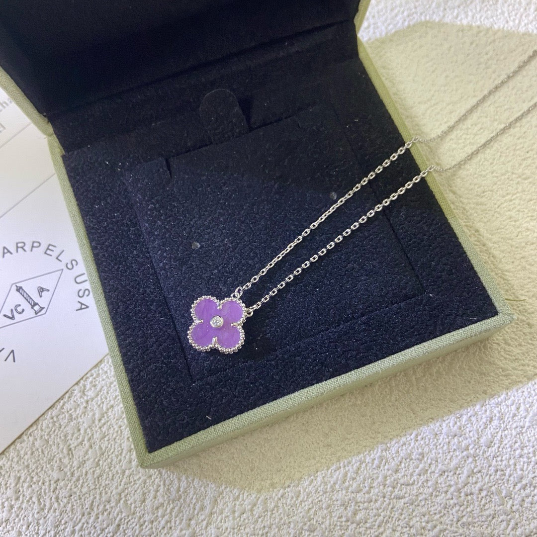 [⭐Spark Jewelry]CLOVER 15MM DIAMOND  PURPLE VIOLET NECKLACE