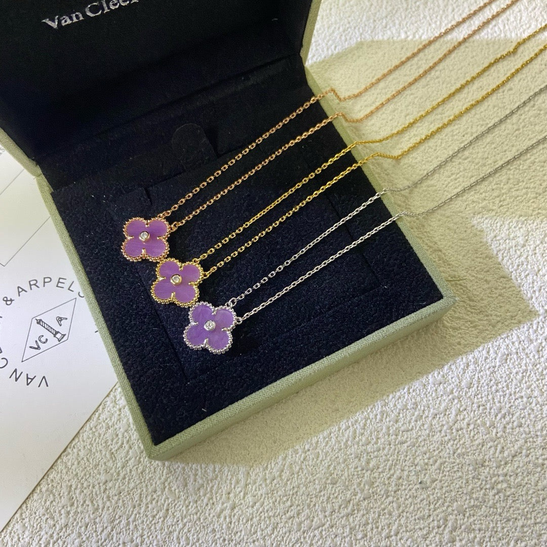 [⭐Spark Jewelry]CLOVER 15MM DIAMOND  PURPLE VIOLET NECKLACE